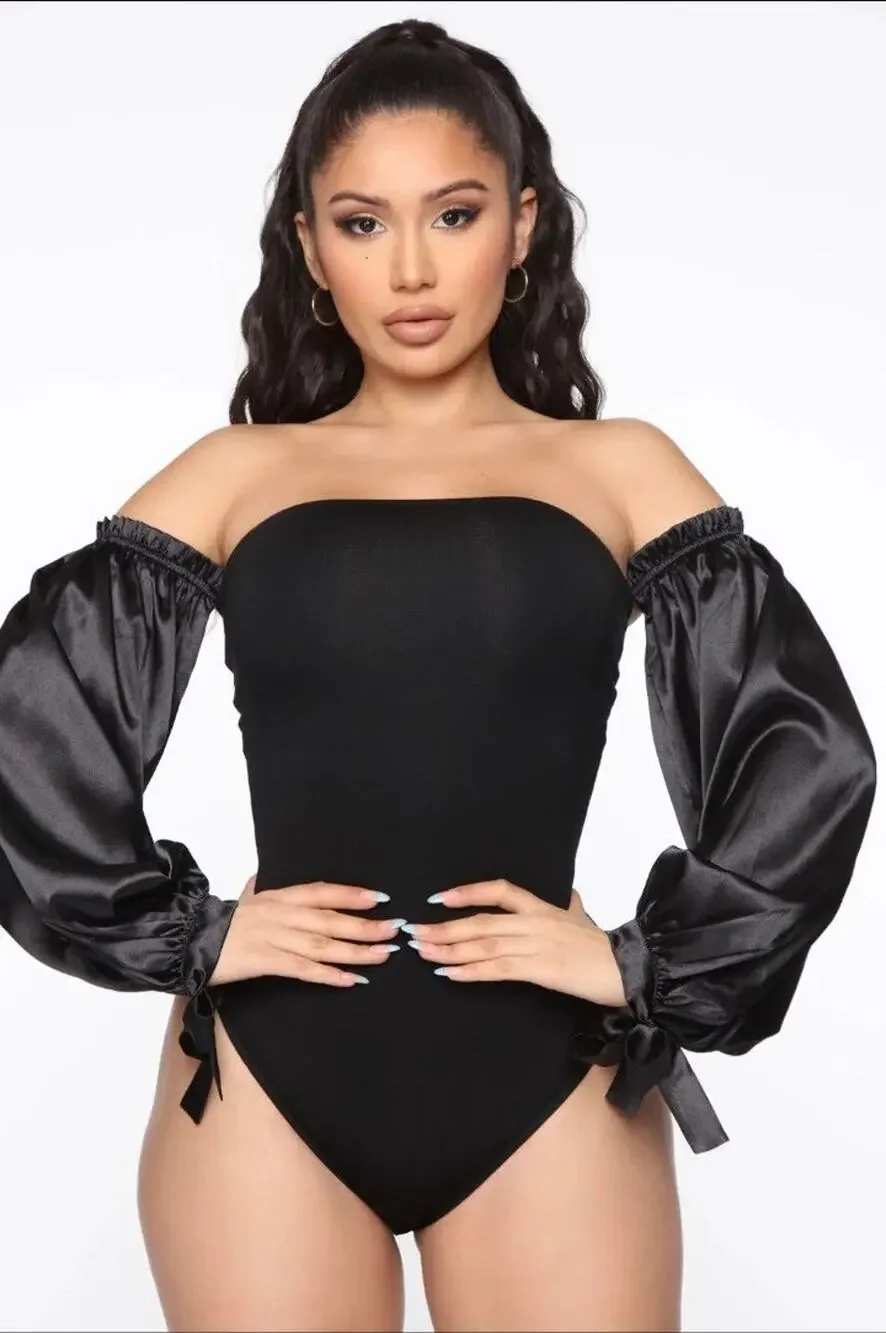 NWT Adika  Black Bodysuit with Satin Puffy Sleeves Size M